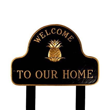 Montague Metal Products SP-48-BG Black and Gold Pineapple Welcome to Our Home Plaque with 2 23-Inch Lawn Stakes