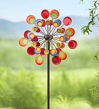 Outdoor Cosmic Multi-Colored Metal and Glass Garden Wind Spinner Sculpture 24 dia. x 10 D x 75 H