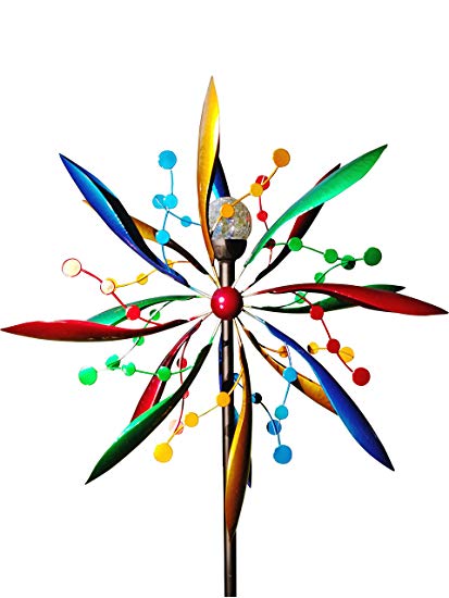 Fancy Gardens 7 foot tall Festive Flower Wind Spinner with Solar Ball -- Decorative Lawn Ornament Wind Mill - Unique Outdoor Lawn and Garden Décor - Solar wind spinner