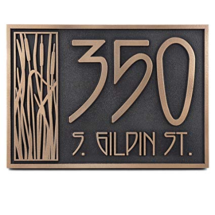 Craftsman House Numbers Plaque with Cattail - 12x8.5 - Raised Bronze Metal Coated Sign