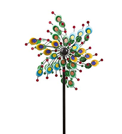 Outdoor Metal and Glass Confetti Garden Wind Spinner Decorative Colorful Windmill Yard Lawn Art 24 dia. x 10 D x 75 H Inches