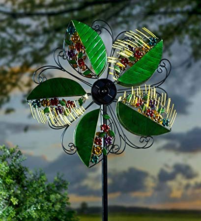 Solar Light-Up Leaves Outdoor Garden Metal Wind Spinner with Flowers and Vines 24 dia. x 10.25 D x 75 H