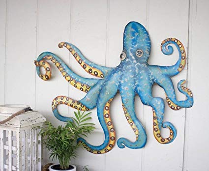 CHSGJY Swimming Octopus Wall Decor Recycled Metal Hanging Coastal Nautical Beach 32inches W